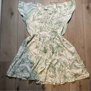Blue Island Beach Cotton Cover Up Green Leaf Print‎ Button Front Dress Small